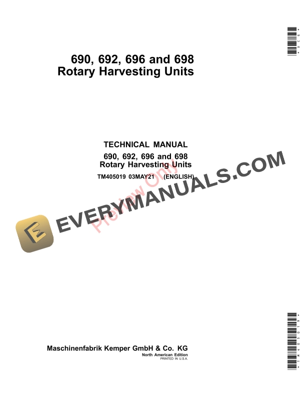 John Deere 690 692 696 and 698 Rotary Harvesting Units Technical Manual TM405019 03MAY21 1