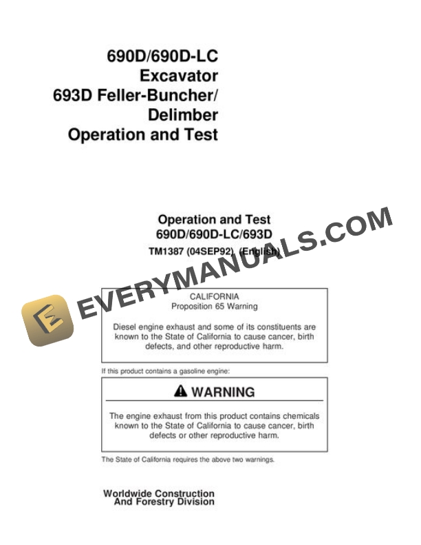 John Deere 690D 690DLC Excavator Test Manual TM1387