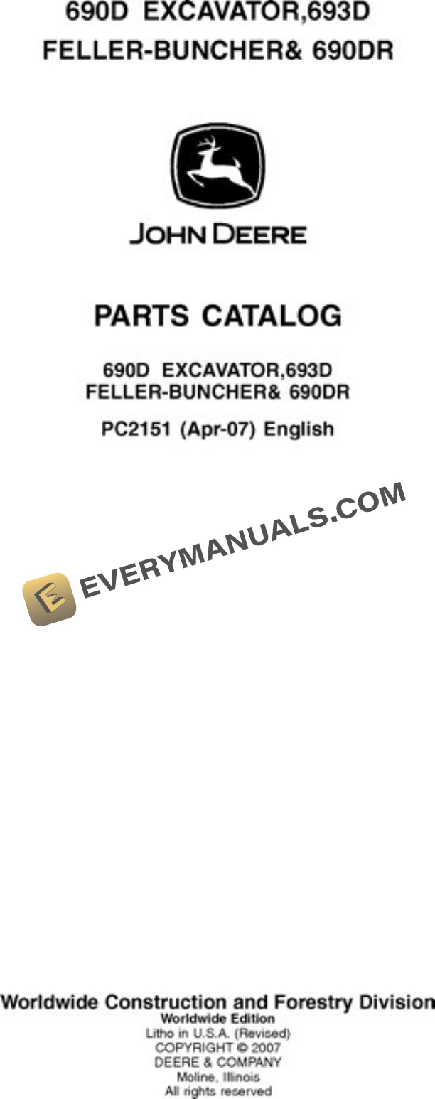 John Deere 690D 693D 690DR Excavator Parts Catalog PC2151