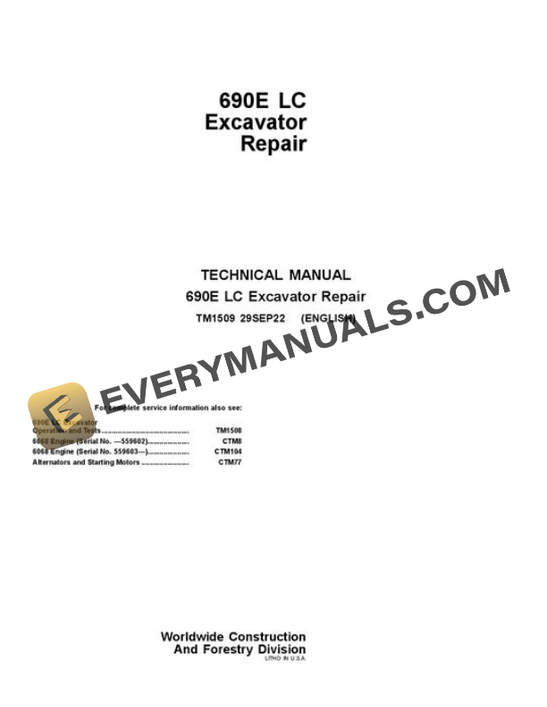 John Deere 690ELC Excavator Repair Manual TM1509