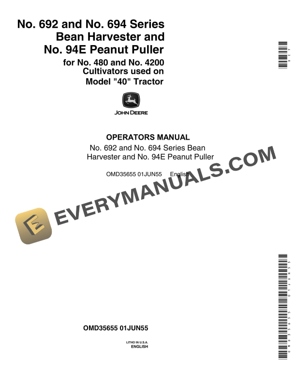 John Deere 692, 694 Series Bean Harvester and 94E Peanut Puller Operator Manual OMD35655