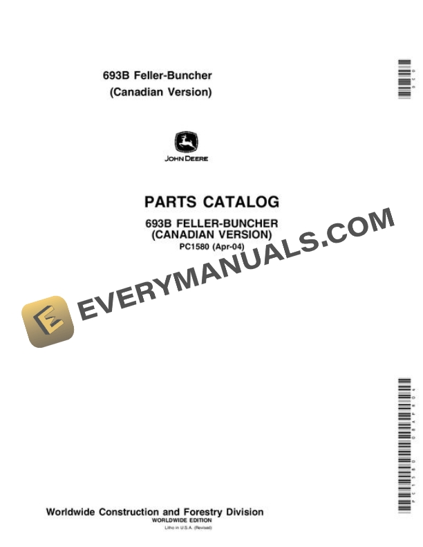 John Deere 693B Feller Buncher Parts Catalog PC1580