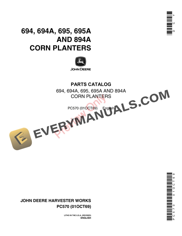 John Deere 694, 694A, 695, 695A, 894A Corn Planters Parts Catalog PC570 01OCT69
