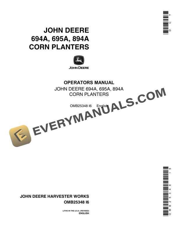 John Deere 694A 695A 894A CORN PLANTER Operator Manual OMB25348 1