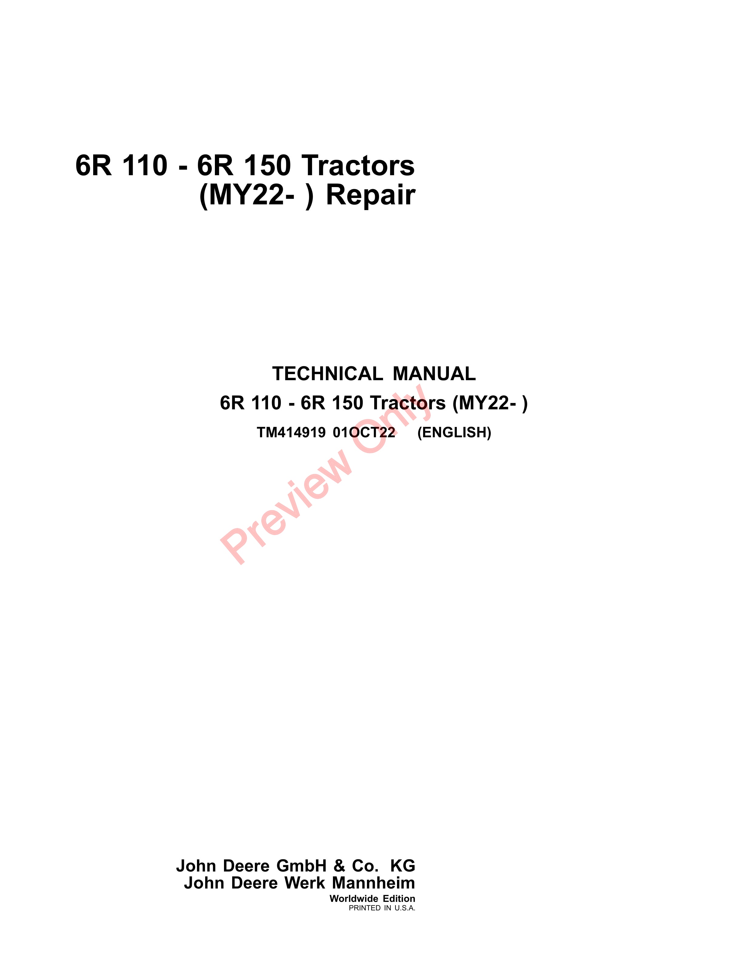 John Deere 6R 110 6R 150 Tractors MY22 Technical Manual TM414919 01MAR23 1