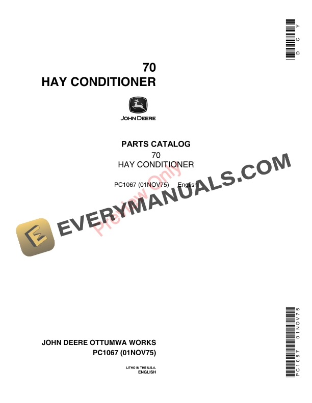 John Deere 70 Hay Conditioner Parts Catalog PC1067 01NOV75