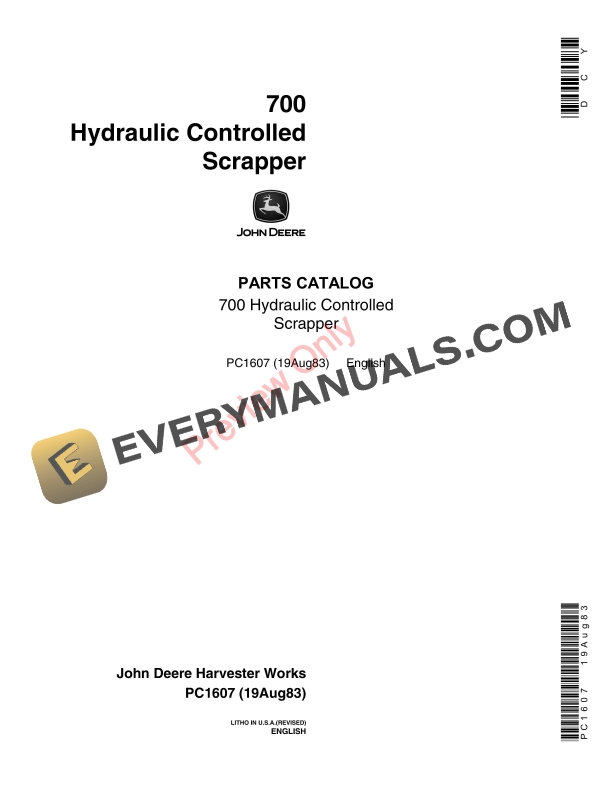 John Deere 700 Hydraulic Controlled Scraper Parts Catalog PC1607 19AUG83 1