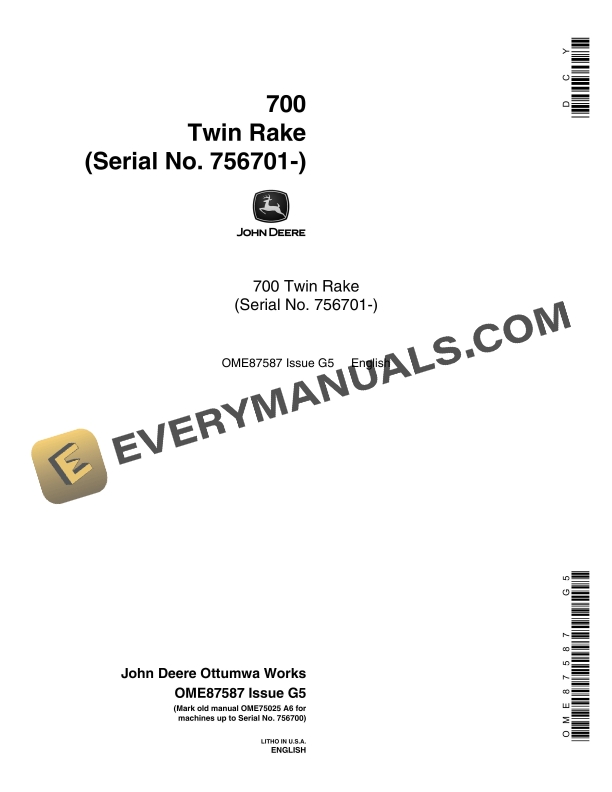 John Deere 700 Twin Rakes Operator Manual OME87587 1