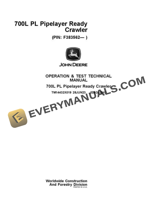 John Deere 700L PL Crawler Dozer Test Manual TM14432X019
