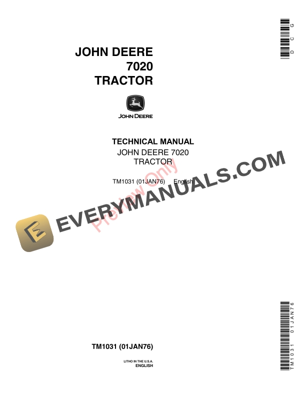 John Deere 7020 4WD Tractor Technical Manual TM1031 01JAN76