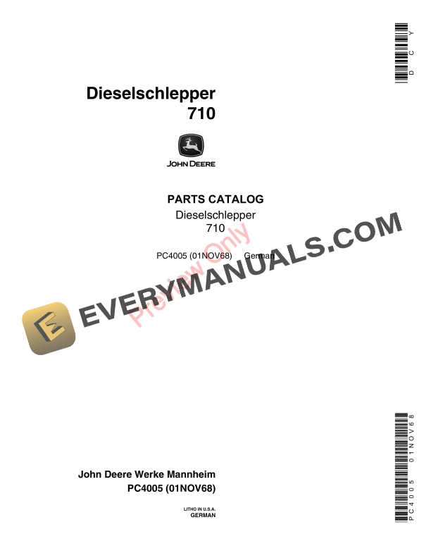 John Deere 710 Tractor Parts Catalog PC4005 01NOV68 English, French, German, Spanish