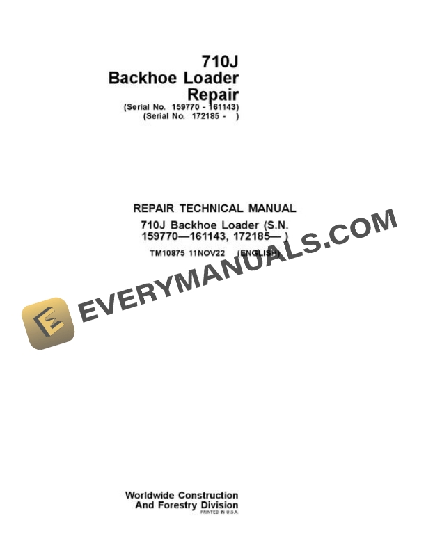 John Deere 710J Backhoe Loader Repair Manual TM10875