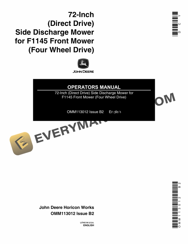 John Deere 72 Inch Direct Drive Side Discharge Mower for F1145 Front Mower Four Wheel Drive Operator Manual OMM113012 1