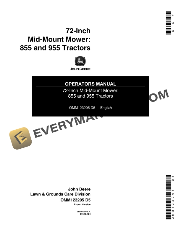 John Deere 72 Inch Mid Mount Mower 855 and 955 Tractors Operator Manual OMM123205 1