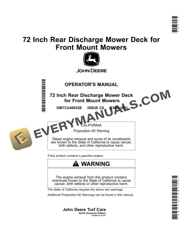 John Deere 72 Inch Rear Discharge Mower Deck for Front Mount Mowers Operator Manual OMTCU40032E 1