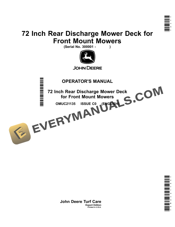 John Deere 72 Inch Rear Discharge Mower Deck for Front Mount Mowers Operator Manual OMUC21135 1