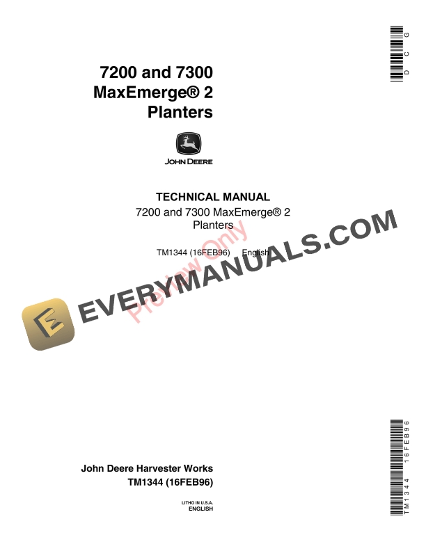 John Deere 7200 7300 MaxEmerge2 Planters Technical Manual TM1344 16FEB96 1