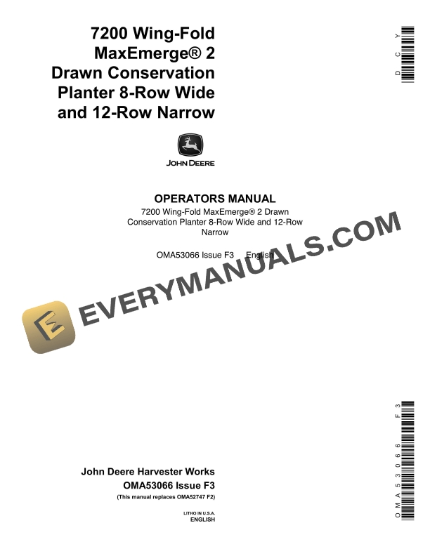 John Deere 7200 Wing Fold MaxEmerge 2 Drawn Conservation Planter 8 Operator Manual OMA53066 1