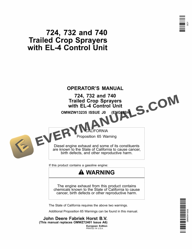 John Deere 724 732 and 740 Trailed Crop Sprayers with EL­4 Control Unit Operator Manual OMWZW13235 1