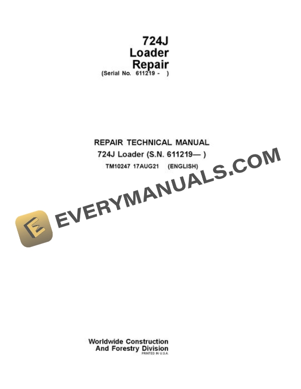 John Deere 724J Loader Repair Manual TM10247