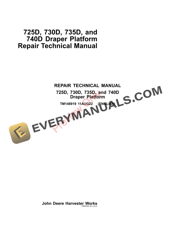 John Deere 725D 730D 735D and 740D Draper Platform Repair Technical Manual TM148919 11AUG22 1
