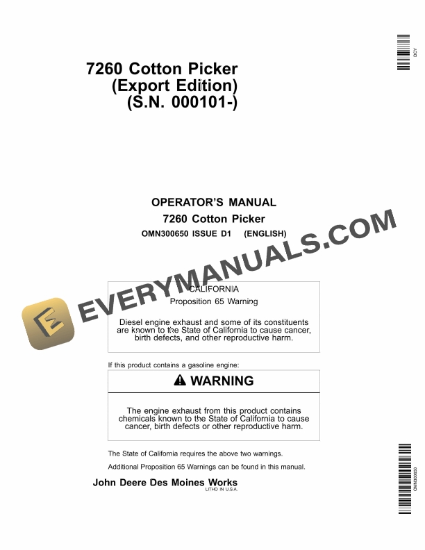 John Deere 7260 Cotton Picker Operator Manual OMN300650 1