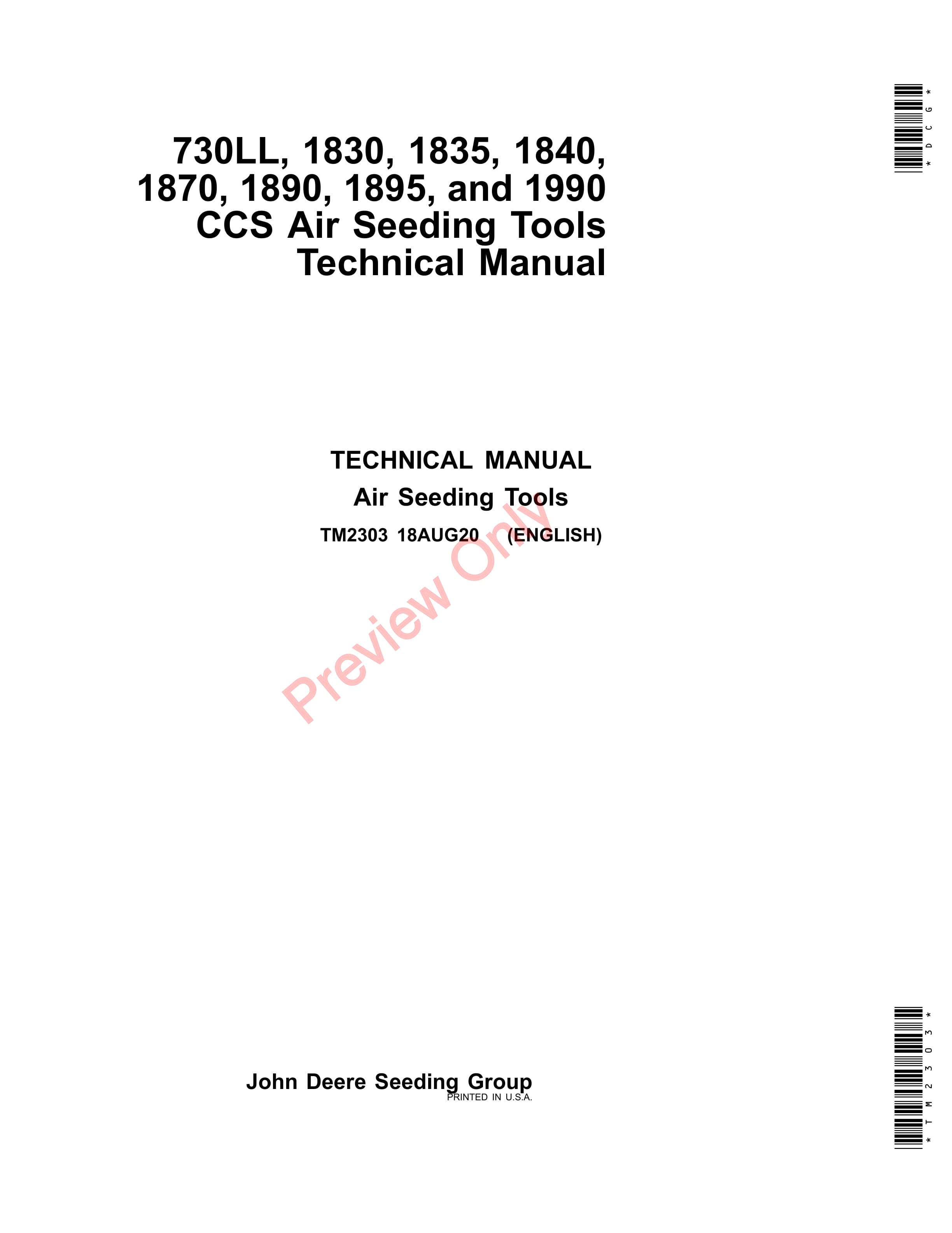 John Deere 730LL 1830 1835 1840 1870 1890 1895 and 1990 CCS Air Seeding Tools Technical Manual TM2303 18AUG20 1
