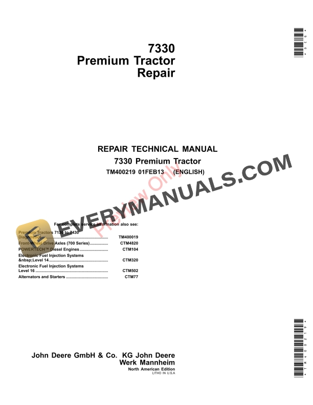 John Deere 7330 Premium Tractor Technical Manual TM400219 01FEB13 PDF