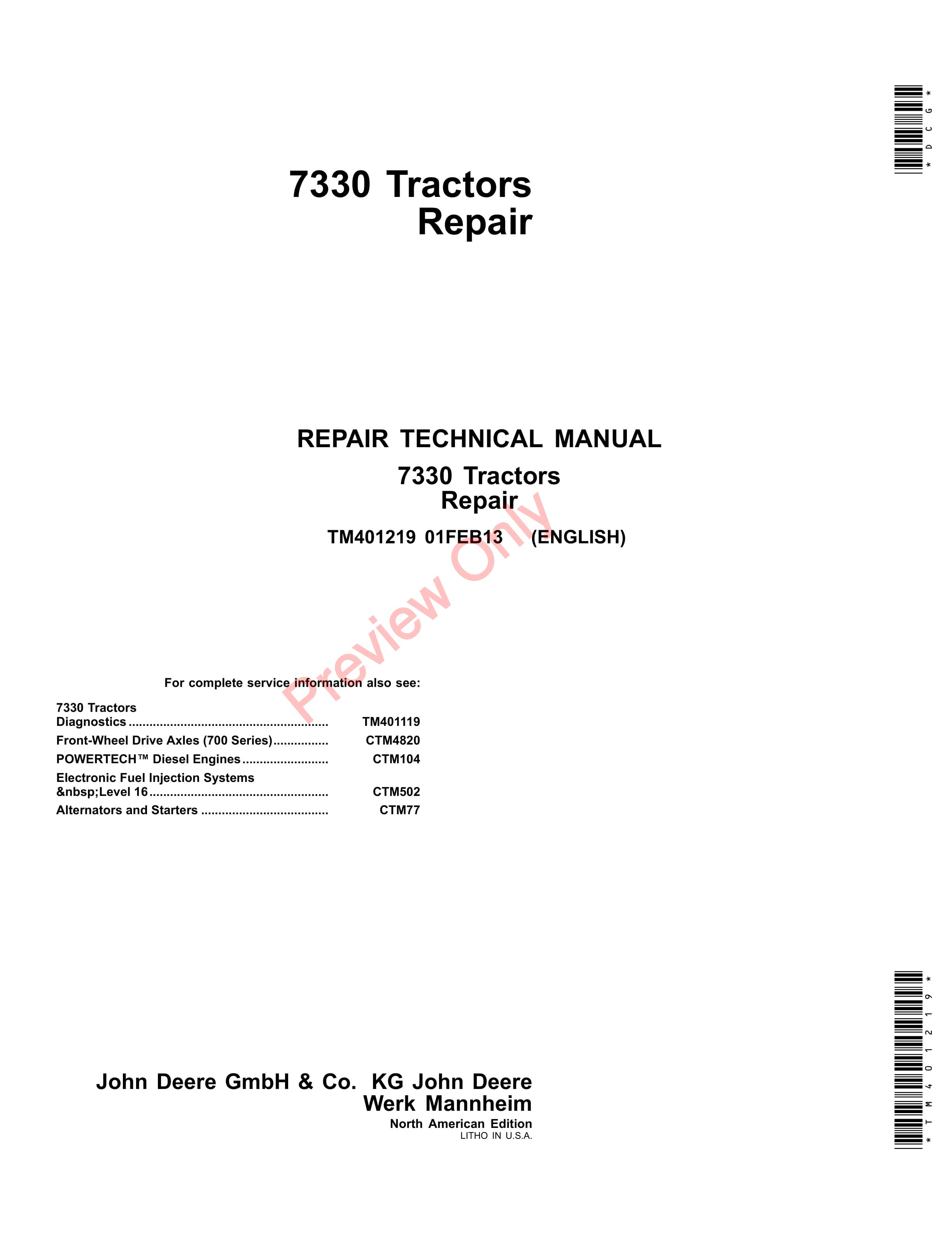 John Deere 7330 Tractors Technical Manual TM401219 01FEB13 1