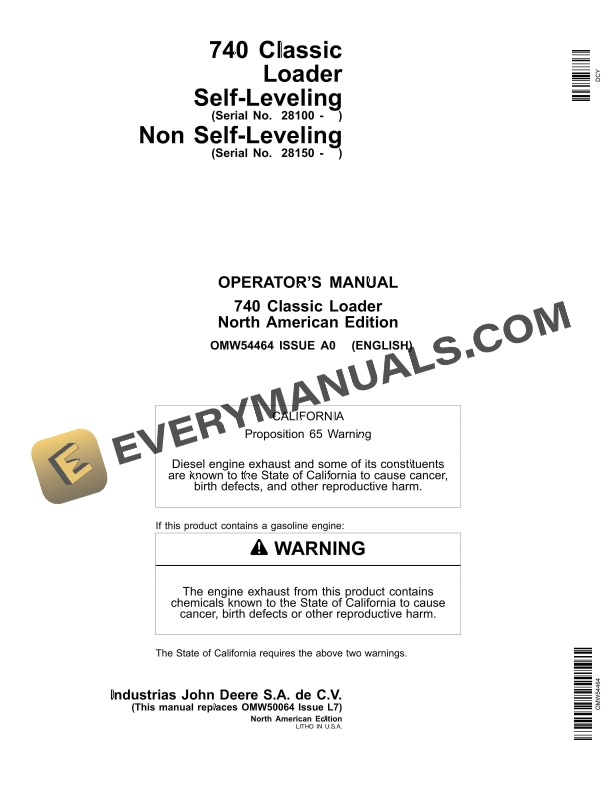 John Deere 740 Classic Loader Operator Manual OMW54464 1