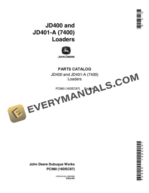 John Deere 7400 400 401A Loader Parts Catalog PC980