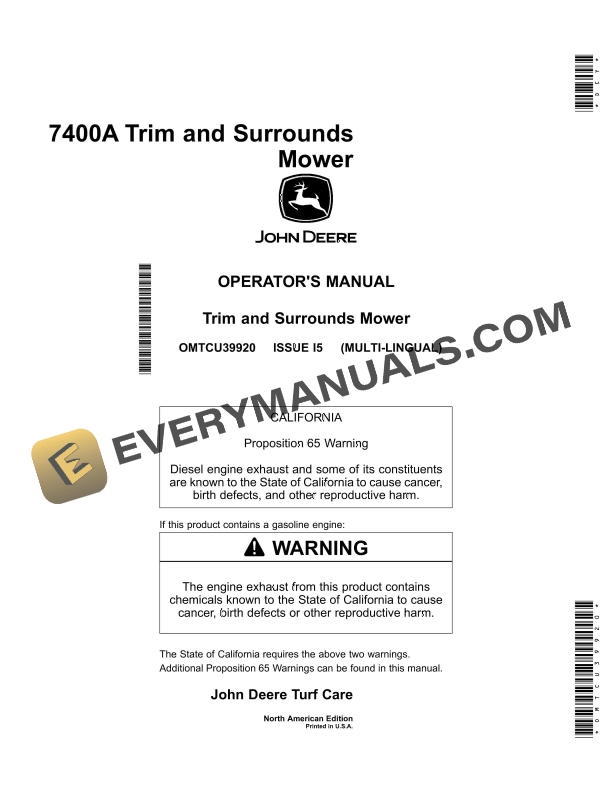 John Deere 7400A Trim and Surrounds Mower Operator Manual OMTCU39920