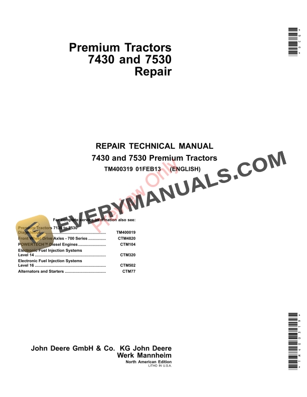 John Deere 7430 and 7530 Premium Tractors Repair Technical Manual TM400319 01FEB13 1