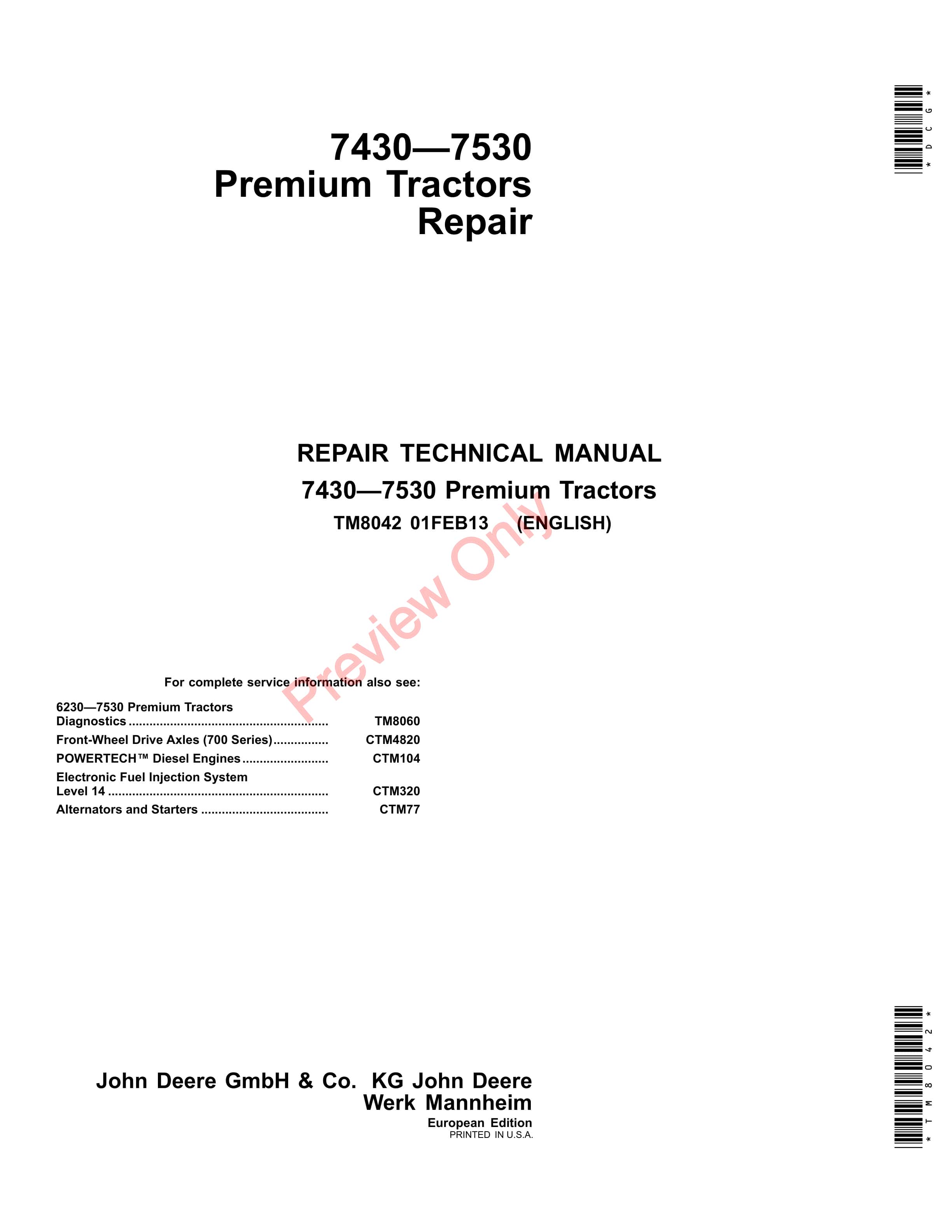 John Deere 7430 and 7530 Premium Tractors Repair Technical Manual TM8042 01FEB13 1