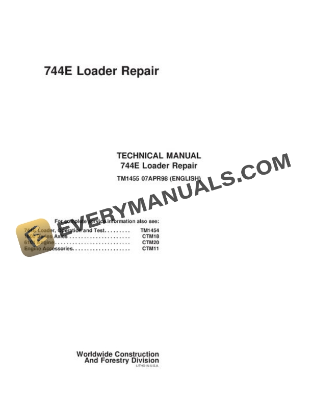 John Deere 744E Loader Repair Technical Manual TM1455 07APR98 PDF