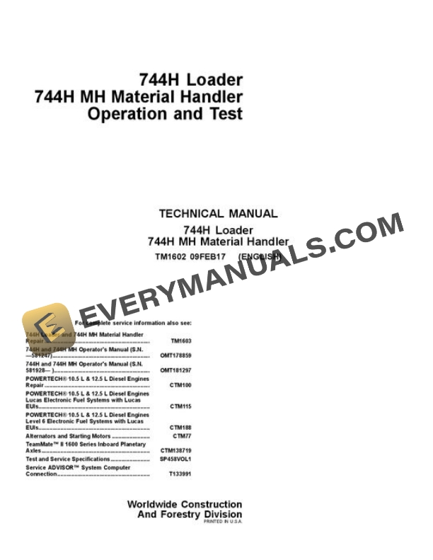 John Deere 744H 744HMH Loader Test Manual TM1602