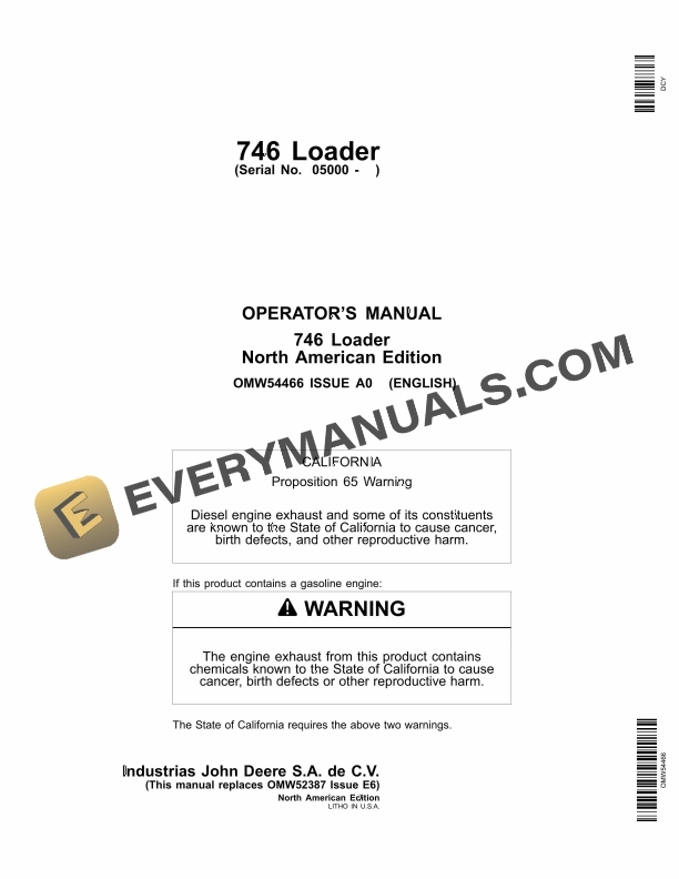 John Deere 746 Loader Operator Manual OMW54466 1