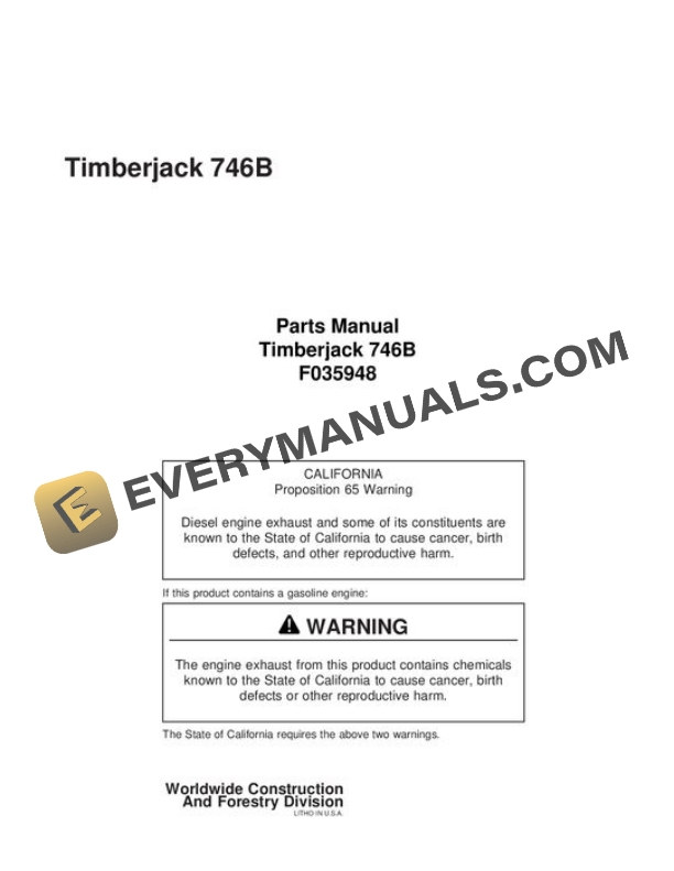 John Deere 746B Harvesting Head Parts Catalog F035948