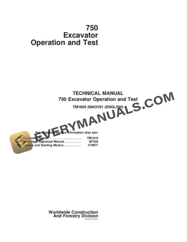 John Deere 750 Excavator Test Manual TM1809