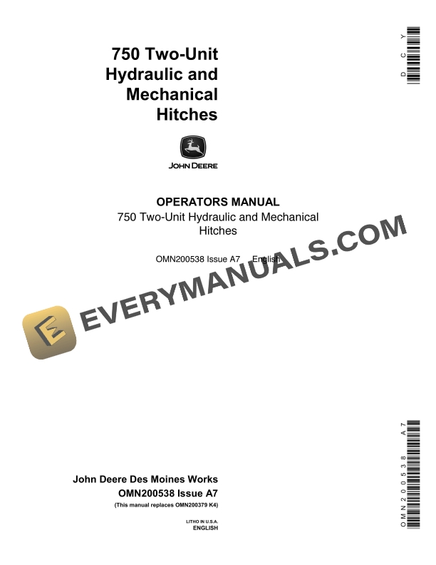 John Deere 750 Two-Unit Hydraulic and Mechanical Hitches Operator Manual OMN200538