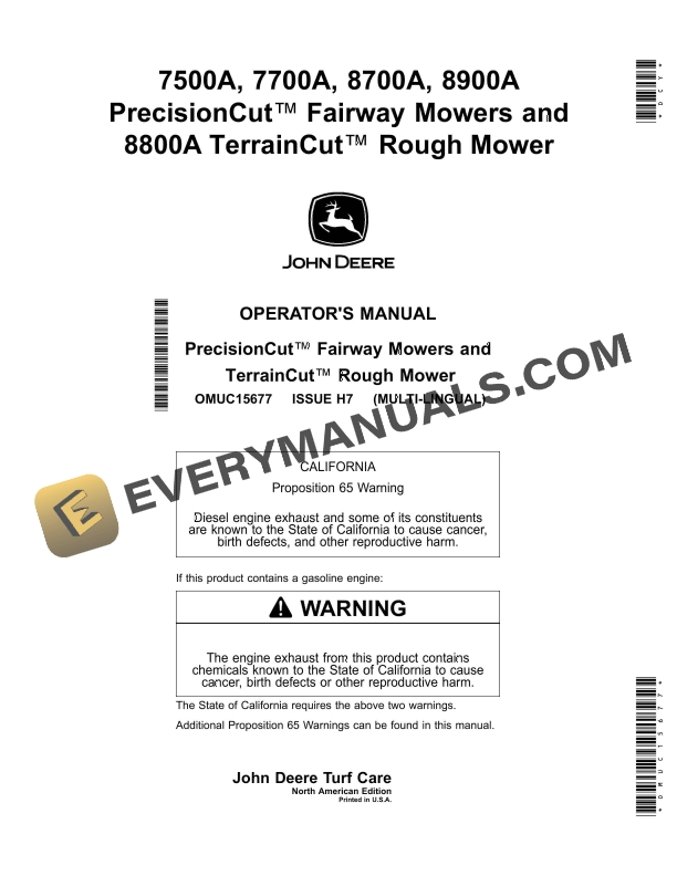 John Deere 7500A 7700A 8700A 8900A PrecisionCut Fairway Mowers and 8800A TerrainCut Rough Mower Operator Manual OMUC15677 1