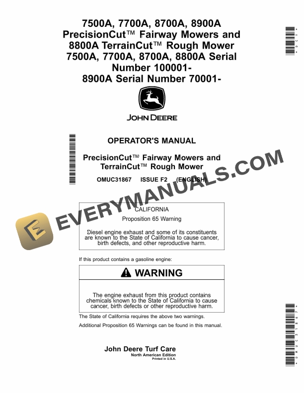 John Deere 7500A 7700A 8700A 8900A PrecisionCut Fairway Mowers and 8800A TerrainCut Rough Mower Serial Number 100001 Operator Manual OMUC31867 1