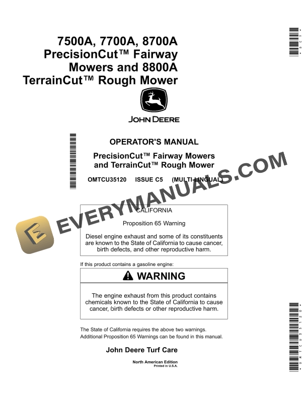 John Deere 7500A, 7700A, 8700A PrecisionCut Fairway Mowers and 8800A TerrainCut Rough Mower Operator Manual OMTCU35120