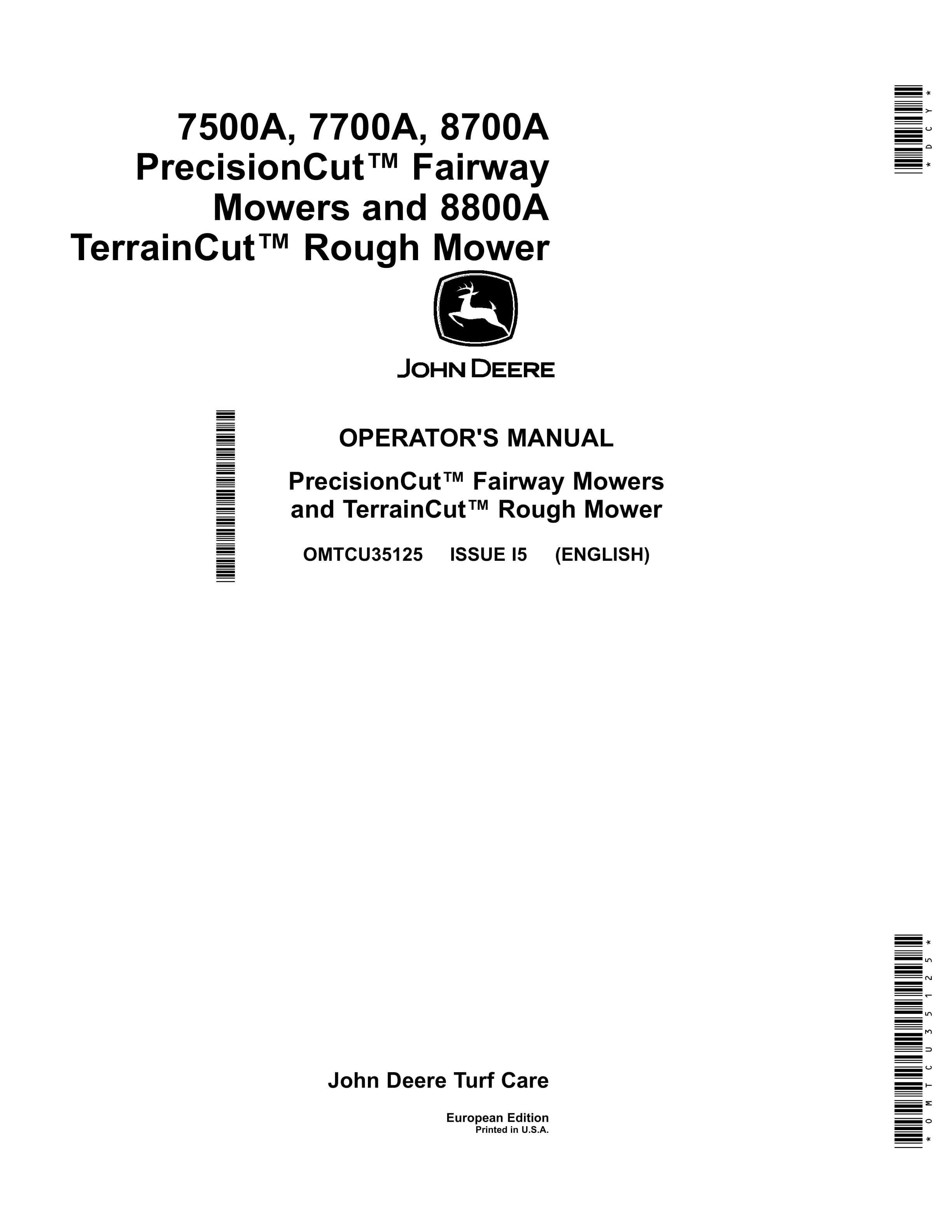 John Deere 7500A 7700A 8700A PrecisionCut Fairway Mowers and 8800A TerrainCut Rough Mower Operator Manual OMTCU35125 1