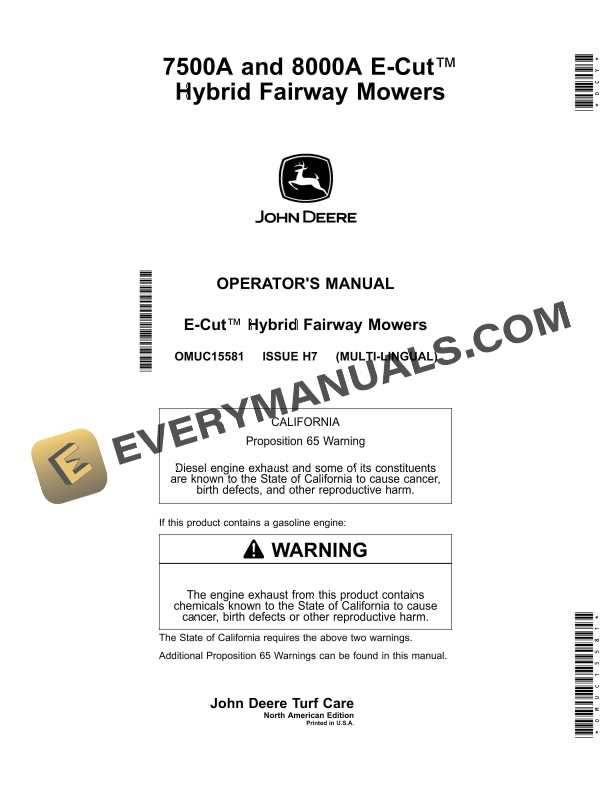 John Deere 7500A and 8000A E-Cut Hybrid Fairway Mowers Operator Manual OMUC15581