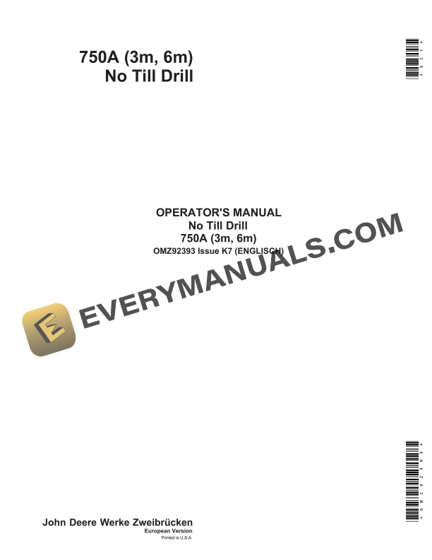 John Deere 750A (3m, 6m) No Till Drill Operator Manual OMZ92393