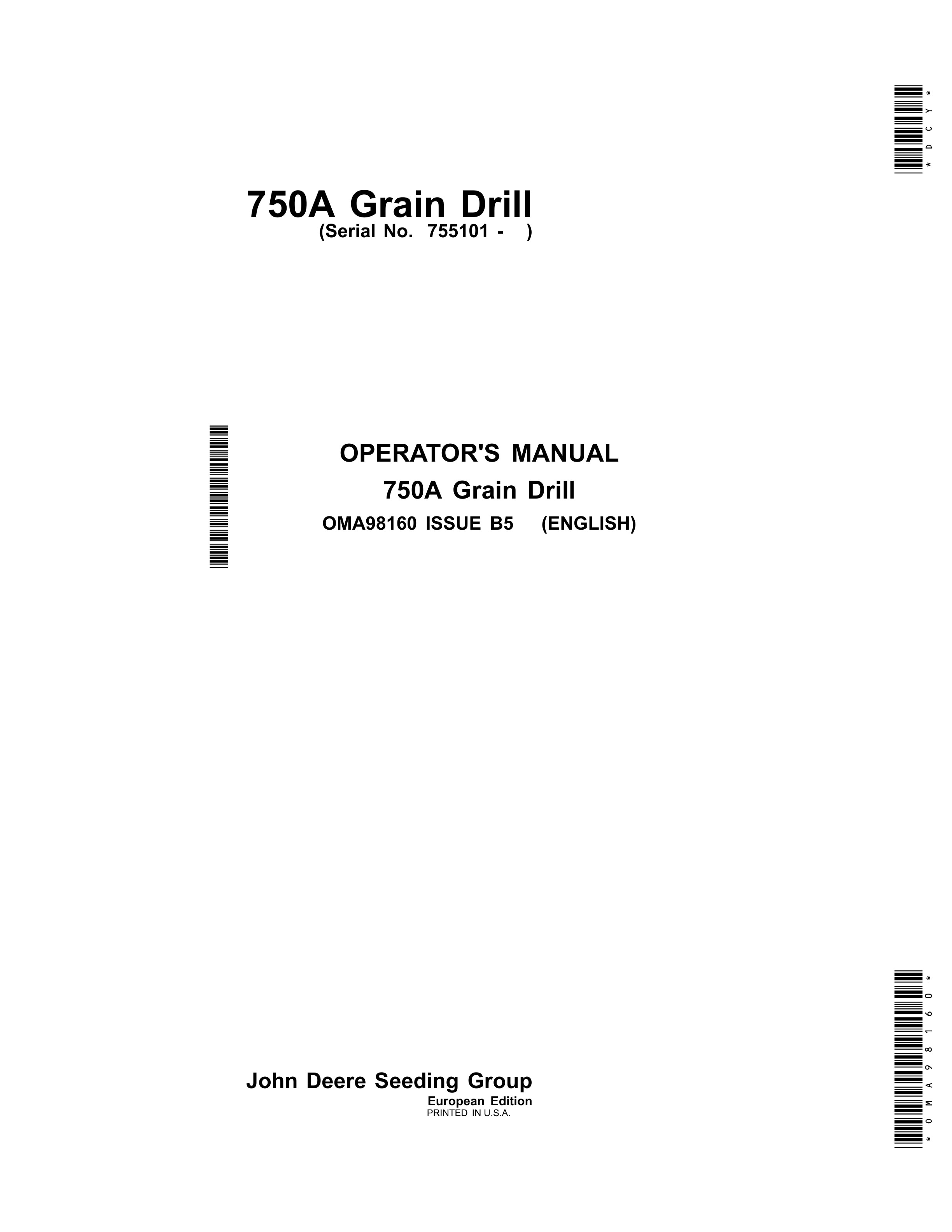 John Deere 750A Grain Drill Operator Manual OMA98160 1