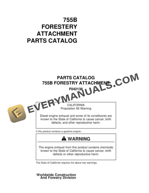 John Deere 755B Harvesting Head Parts Catalog F042138