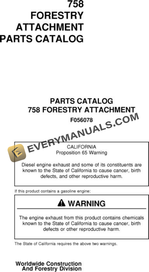 John Deere 758 Harvesting Head Parts Catalog F056078