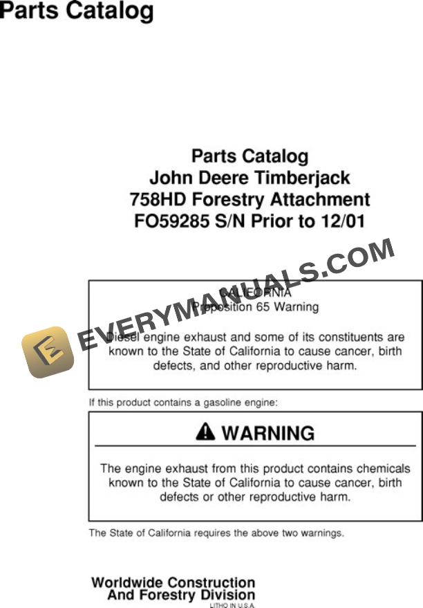 John Deere 758HD Harvesting Head Parts Catalog F059285